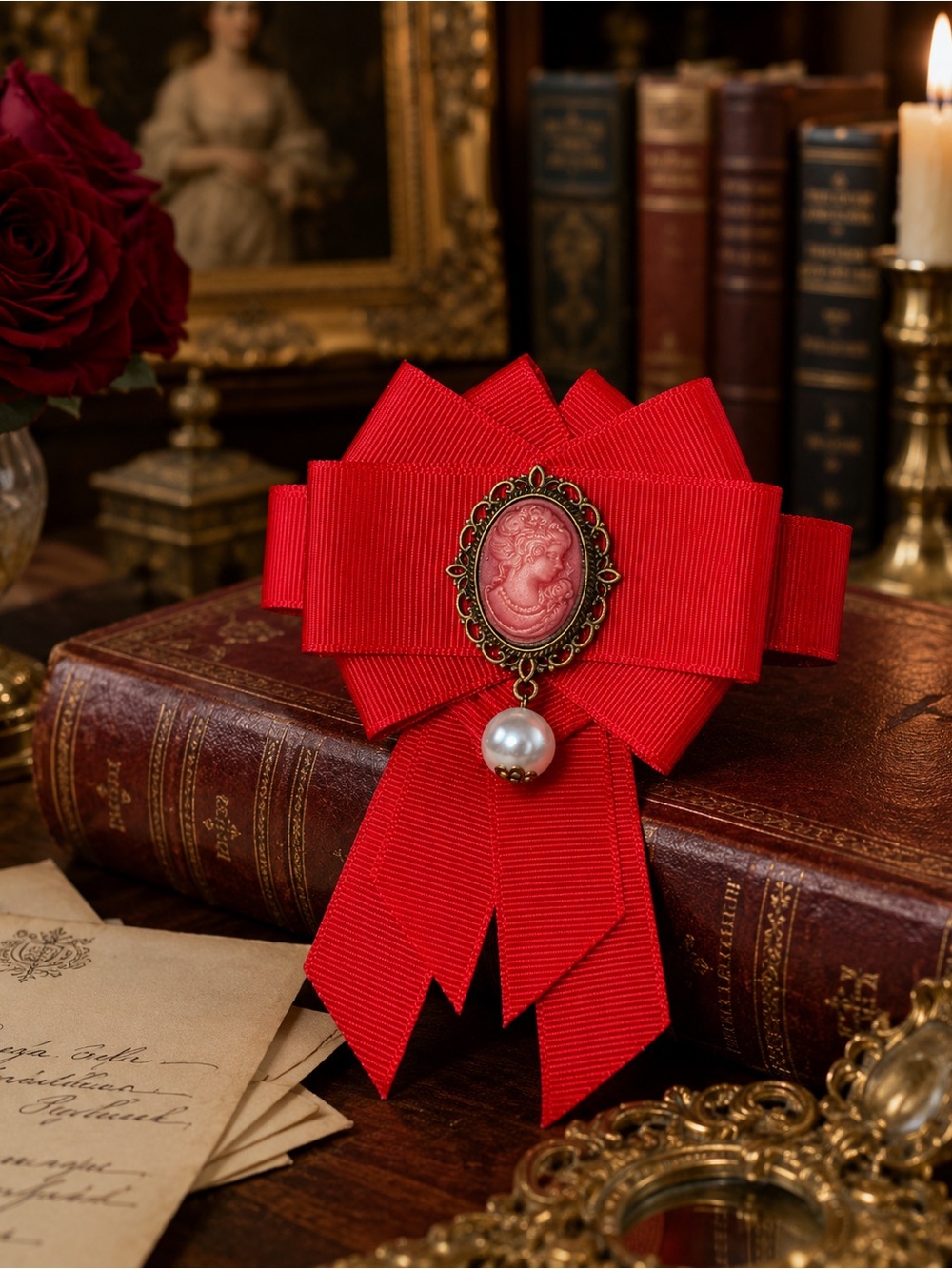 Vintage Victorian-Inspired Elegant Red Ribbon Brooch with Cameo and Pearl Accent - Picture 9 of 10